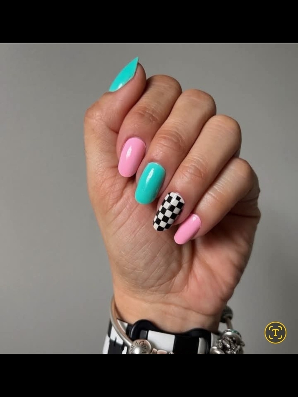 Create a Colorstreet Mixed Mani Pink & Teal with Black White Checker Accent
